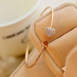 New Bangle Bracelet Faux Gold Rhinestones Double Heart Dainty 6